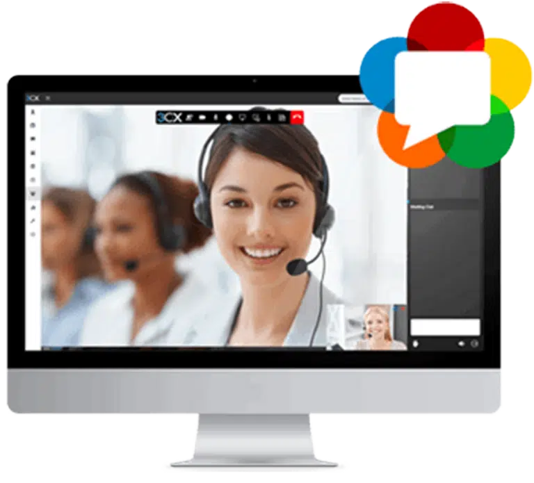 Video call screen on a computer featuring a woman with a headset on offering 24/7 technical support.